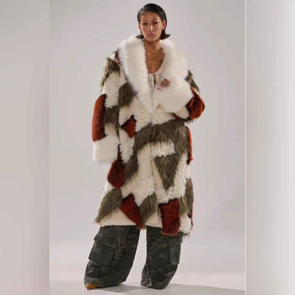 NWT Akira Patchwork Faux Fur Coat in Cream, Olive & Rust    1X /2X - Picture 4 of 12